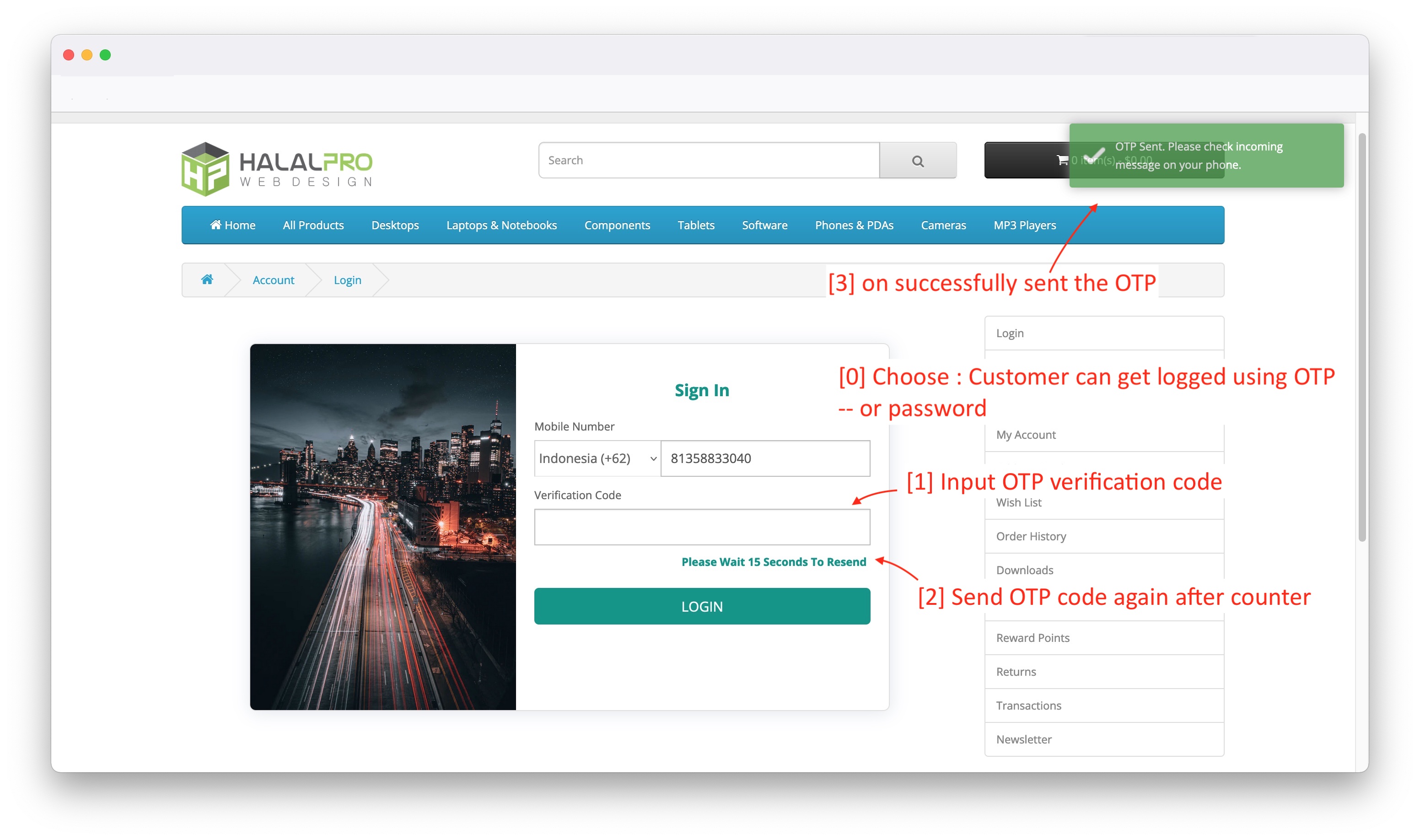 login using telephone and OTP on opencart